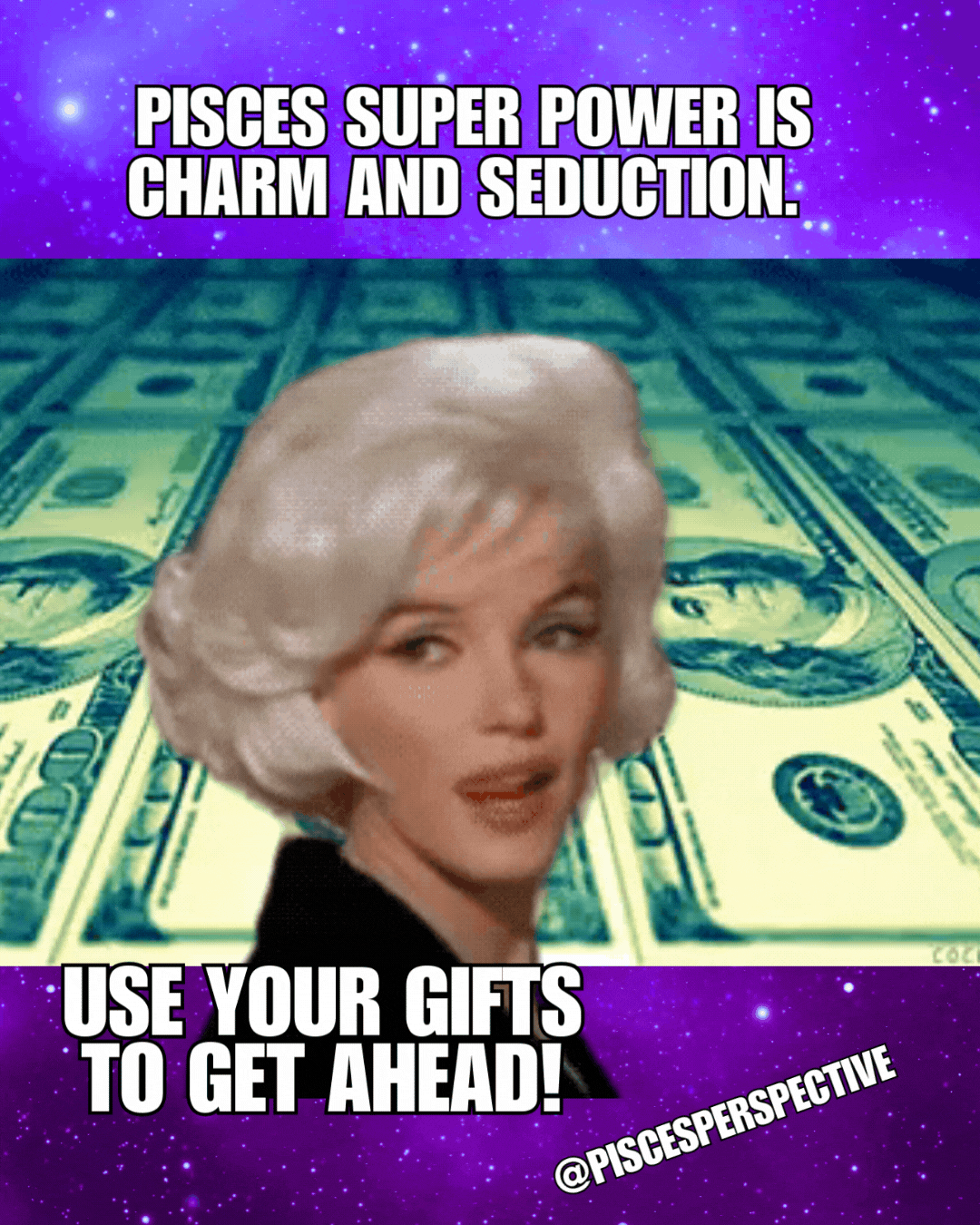 Beautiful seductive pisces woman surrounded by money