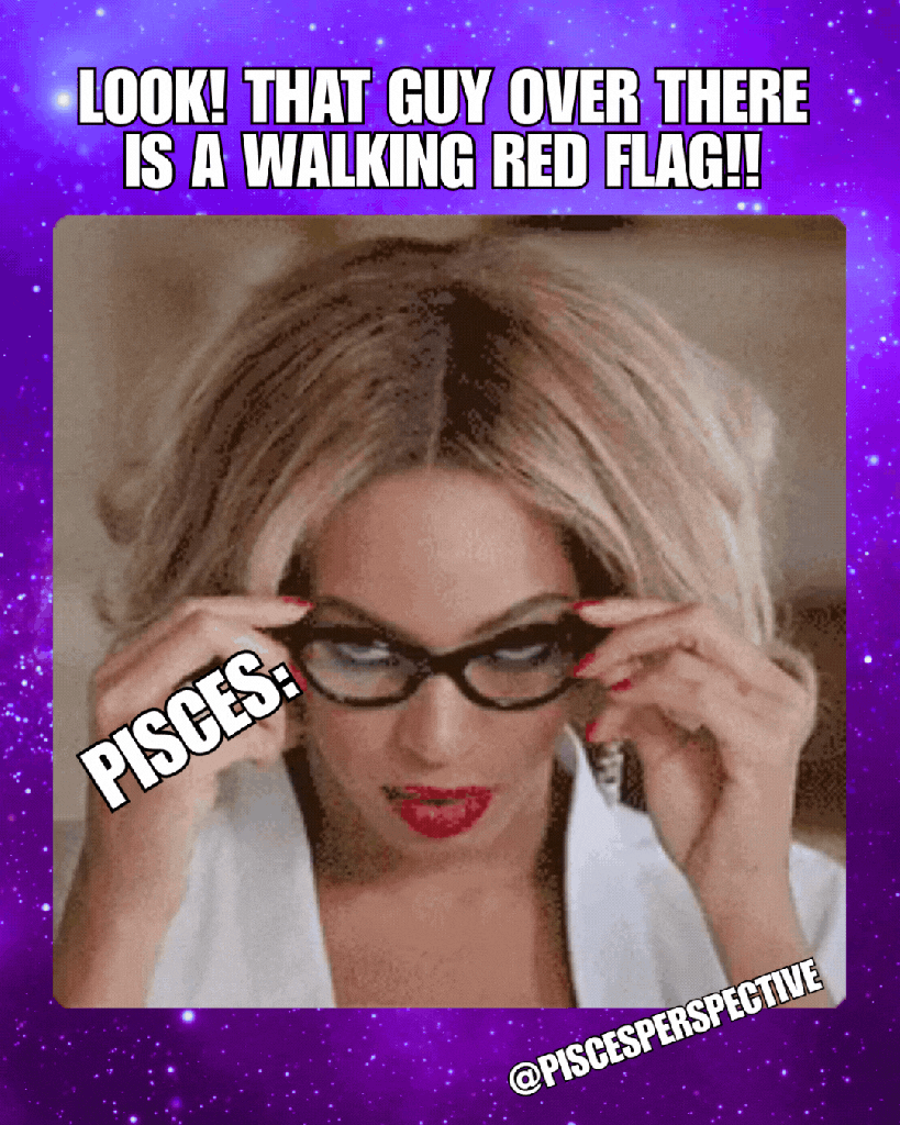 PISCES RED LIPSTICk, BLOND LOWERING GLASSES TO SEE THE SOMETHING ENTICING